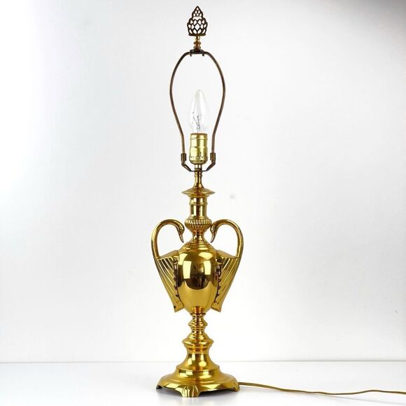 Vintage Hollywood Regency Swan Polished Brass Table Lamp 28” H - Picture 6 of 13